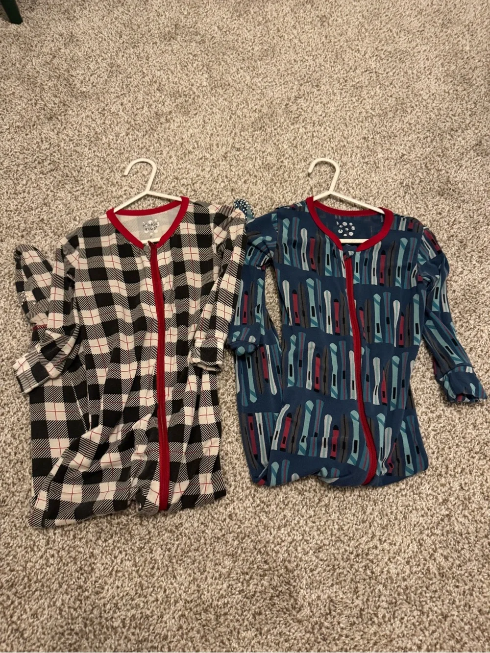 Set of Kickee Pants Red-Trim Zip Rompers - Black & White Plaid and Blue Pattern
